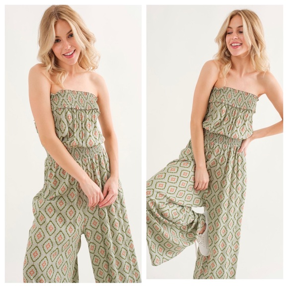 05 Boho Print Wide Pants Tube Jumpsuit - Picture 2 of 4